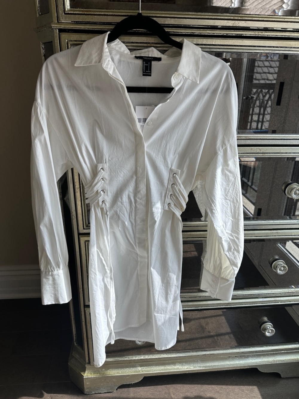 Forever 21 White Button-Up Shirt Dress with Side Lace-Up Detail